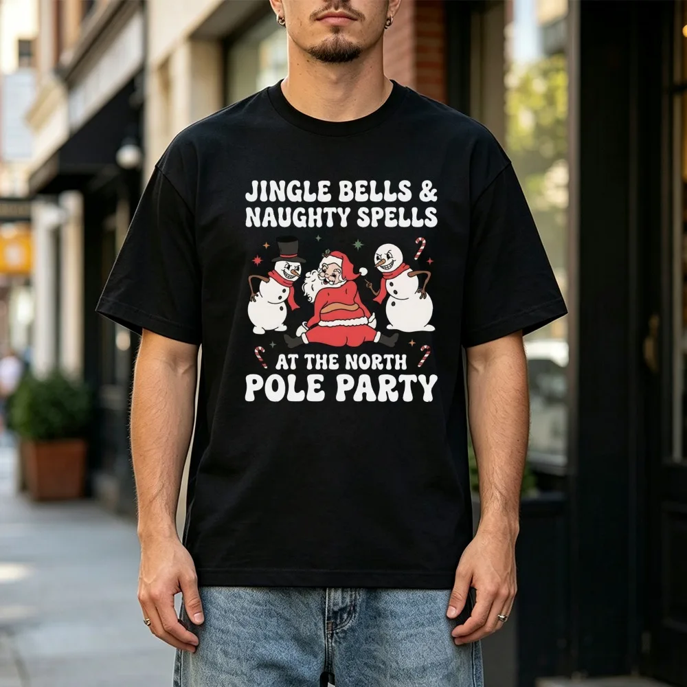 Funny Christmas Party T Shirt Unisex Cotton Santa Snowman Graphic Tee Jingle Bells Naughty Spells Short Sleeve Summer Top Shirts
