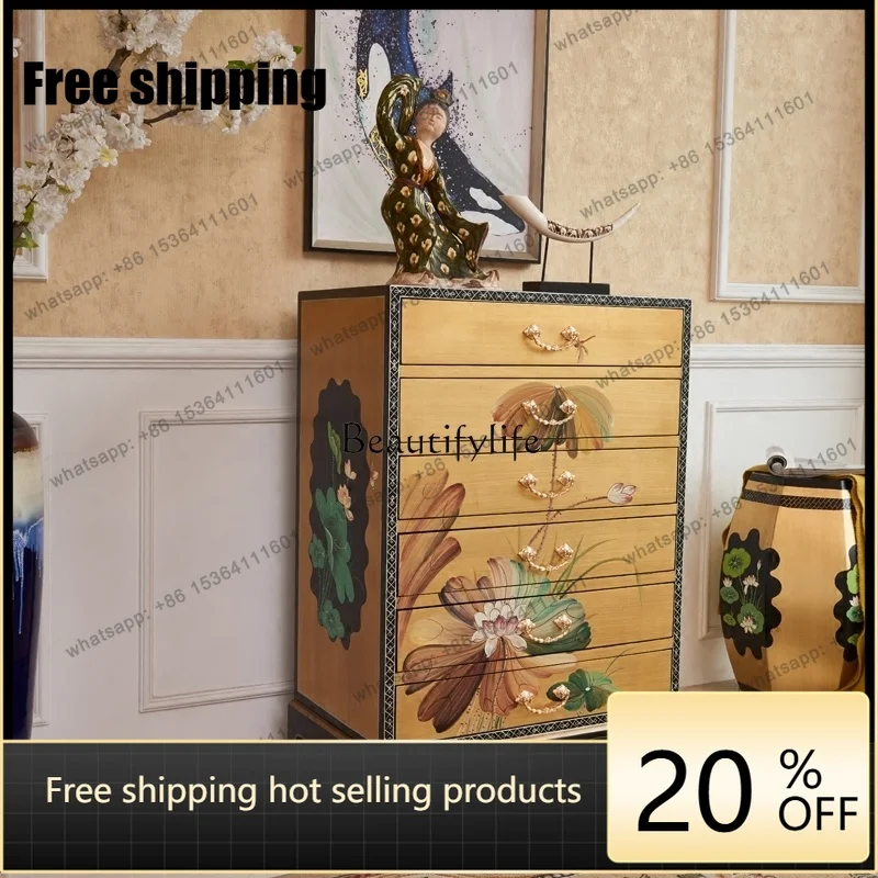 Factory Direct painted lotus gold foil bedroom storage six-bucket cabinet storage living room decoration high bucket cabinet