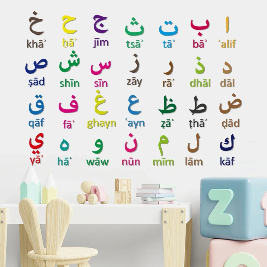 Watercolor with Arabic Letters Wall Stickers for Kids Rooms Child Bedroom Decoration Self-adhesive Background Decor Sticker