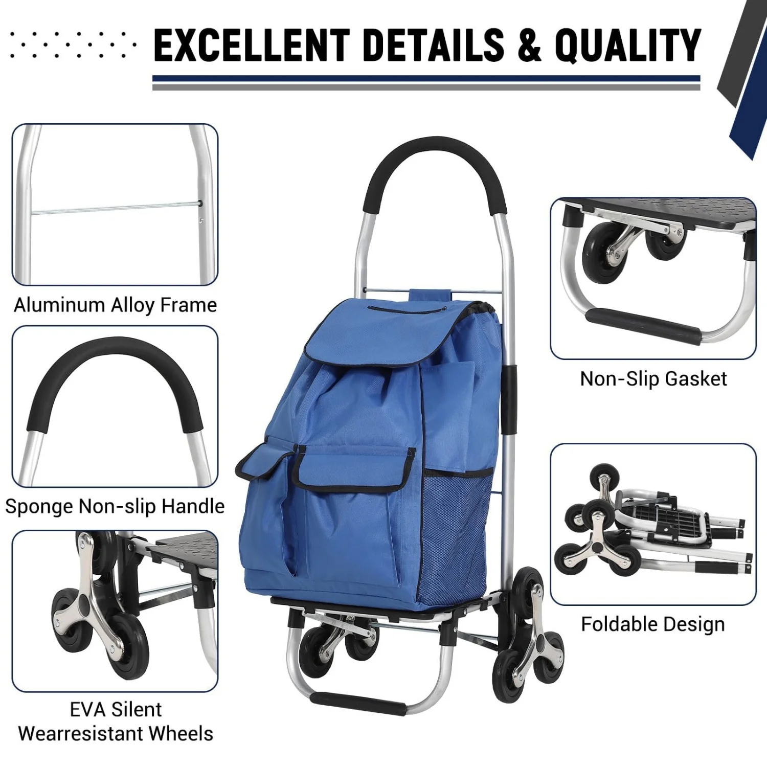 3-in-1 Heavy Duty Folding Stair Climbing Hand Truck – 176 lbs Capacity, 6-Wheel Convertible Platform Dolly with Telescoping Handle, 36L Oxford Cloth Bag, Portable Cart for Grocery, Laundry,Shopping view 5