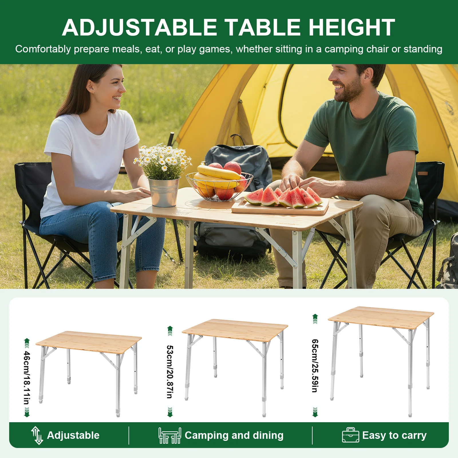 

Adjustable Height Outdoor Lightweight & Compact Table with Carry Bag Lightweight Aluminum Roll-up Table for RV Picnic Tailgating