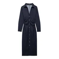 TRAF 2024 Autumn Women's Long Dresses Pleated Decoration Long Sleeved Shirt Denim Dress Temperament Slim Women's Dress