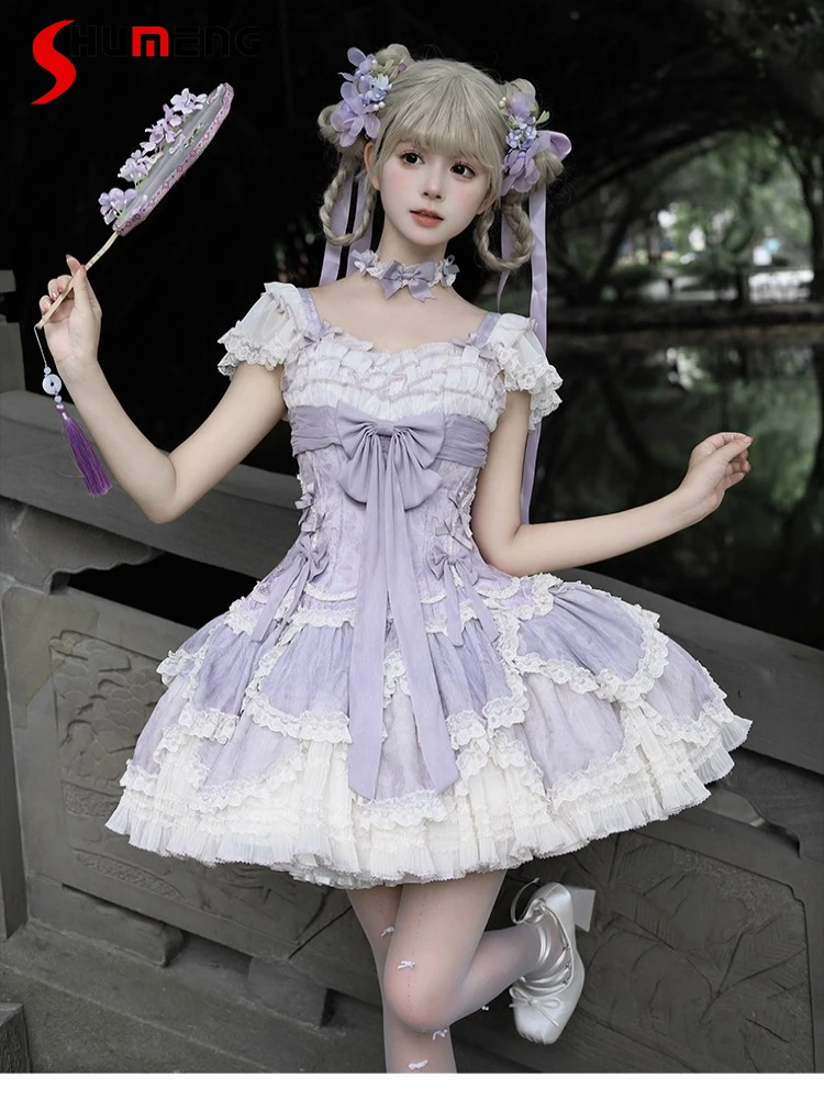 

Purple Cute Girl Cake Dress Elegant Ballet Style Princess Birthday Party Dress Sweet Bow High Waist Lolita Short Dress for Women