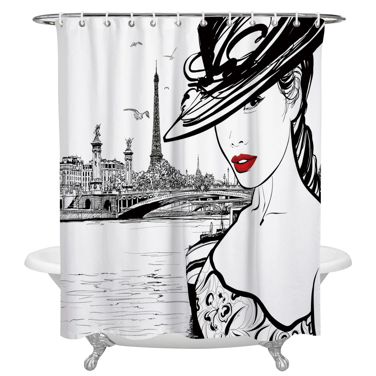 Paris Seine Woman Eiffel Tower Red Lips Waterproof Shower Curtain With Hook Bath Curtains Bathroom Decoration Accessories