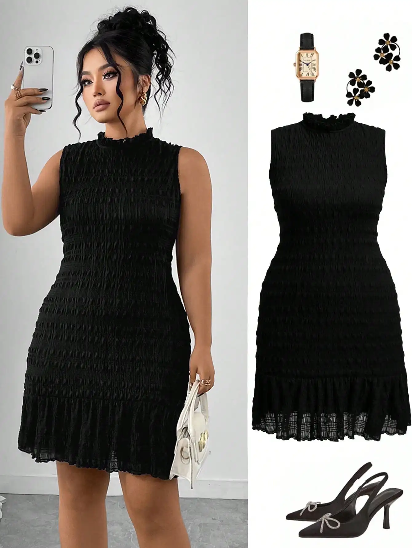 

Black Textured Smocked Sleeveless Dress with Ruffle Hem for Evening or Casual Wear