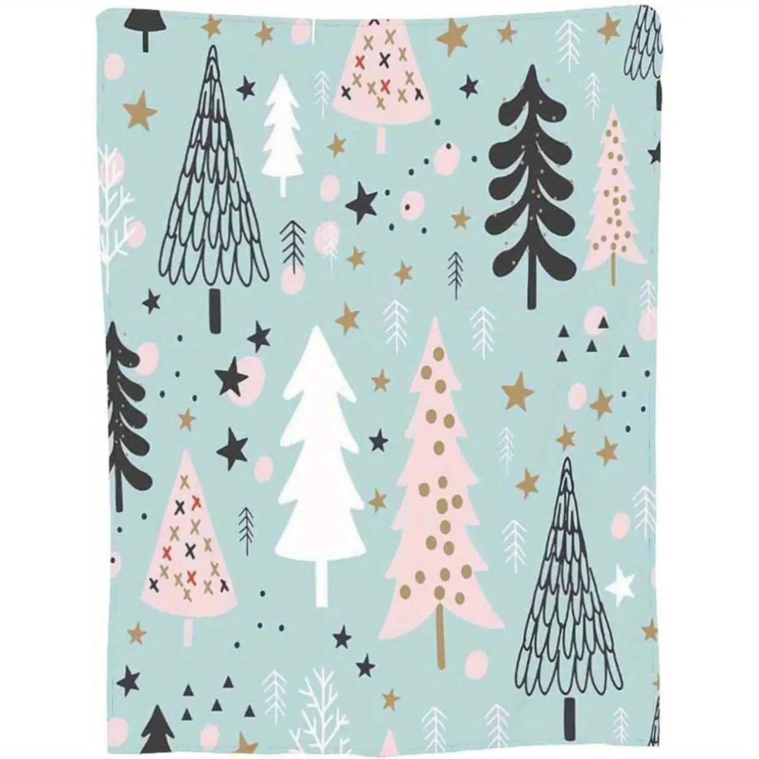 A turquoise and pink winter forest pattern blanket, made of polyester, machine washable, suitable for bedrooms and living rooms.