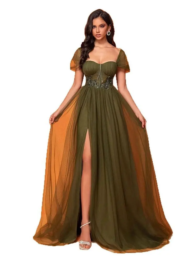 

New een Chiffon Split Dr Long Slim Fi Tail Maid of Banquet Evening Gown Women Low Waist Sal Par Dr