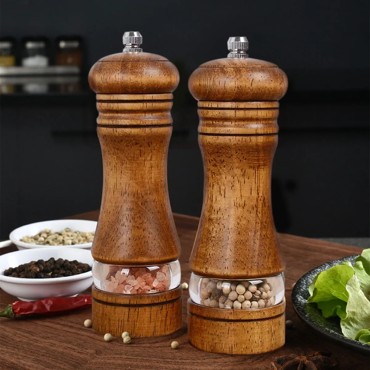 

2Pcs Pepper Grinder Wooden with Ceramic Grinding Cores Coarseness Adjustable Manual Spice Grinder Multifunctional for Kitchen