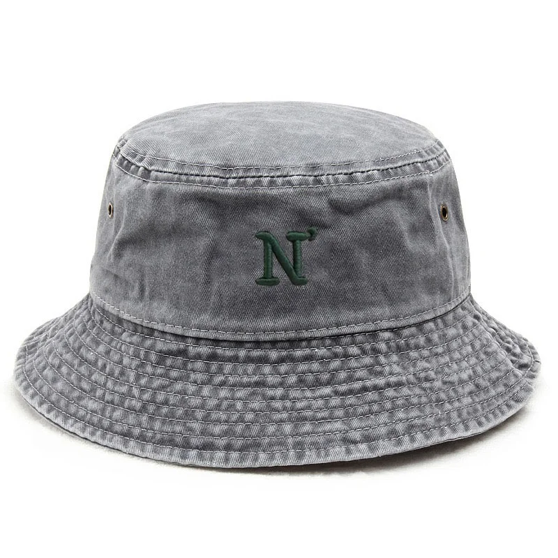

N Letter Washed Cotton Bucket Hat for Men Women Vintage Wide Brim Sun Protection Adjustable Outdoor Fishing Beach Cap Sport Gift