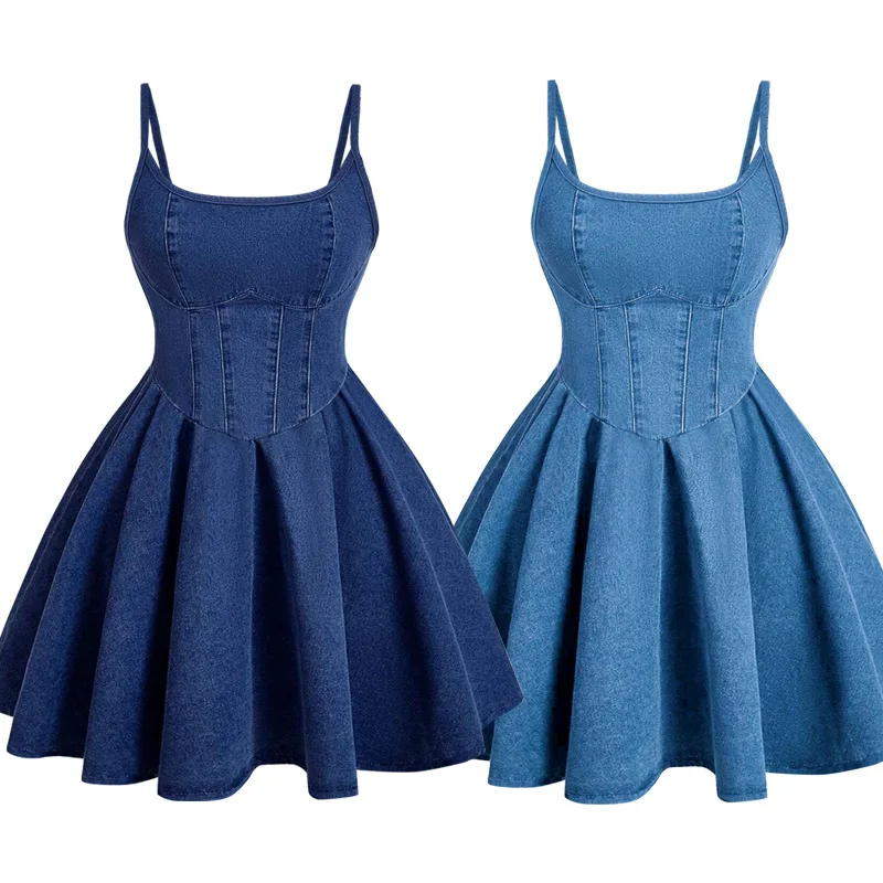 Mujeres Cami vestidos plisados Denim vestido sólido una línea Mini longitud sin tirantes sin mangas cintura Cinch Casual Oficina señora 2026 verano