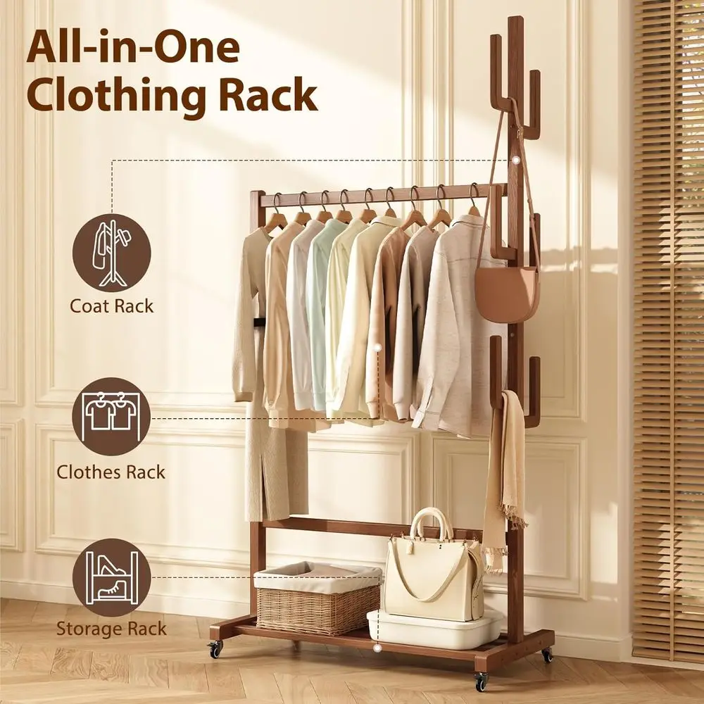 Walnut Heavy Duty Rolling Garment Rack with 6 Hooks and Storage Shelf, Easy Assembly