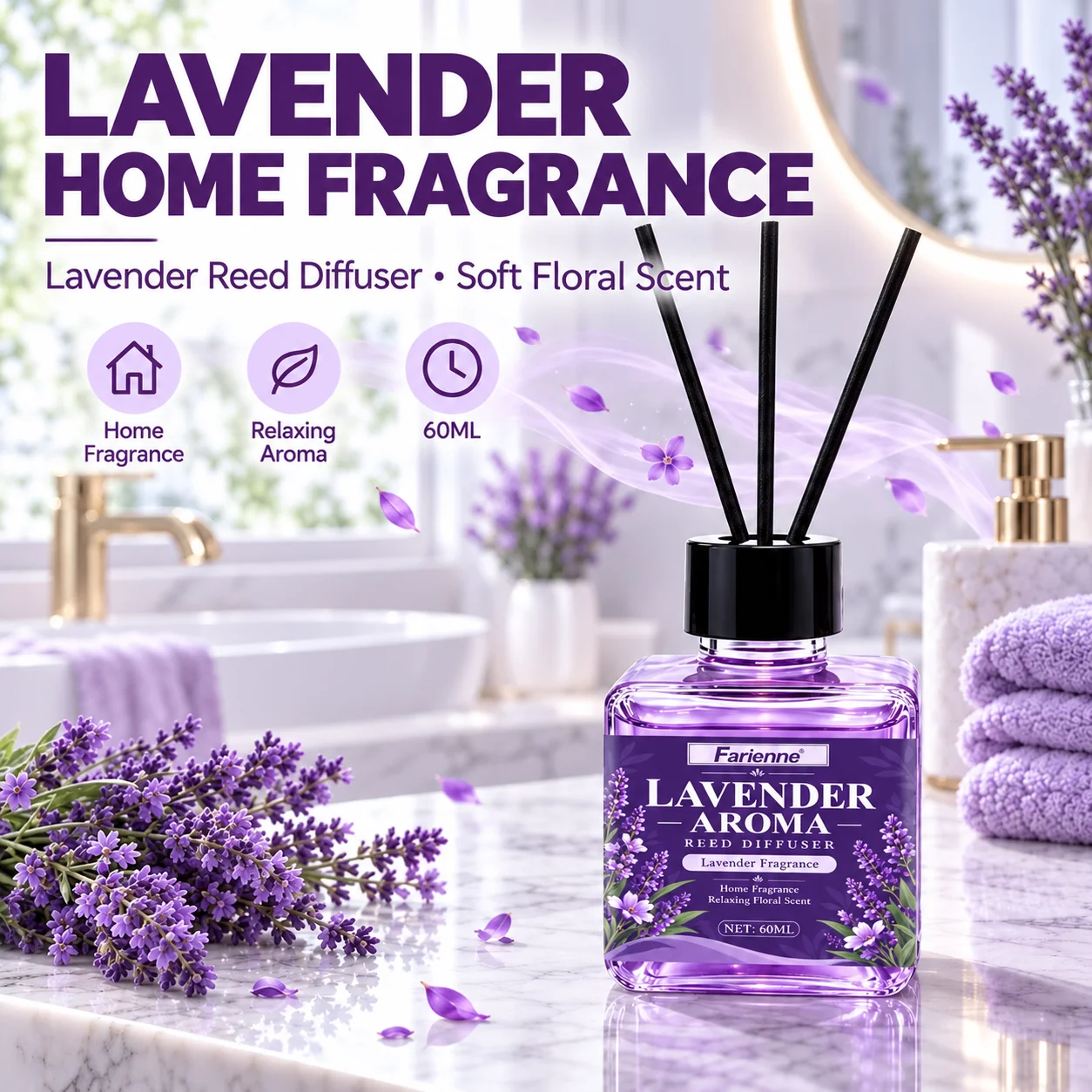 Home Fragrance Best - ファリエン ラベンダー リードディフューザー 60ml。お部屋の香りを整える、柔らかなフローラルの香り。寝室、浴室、リビングに最適。