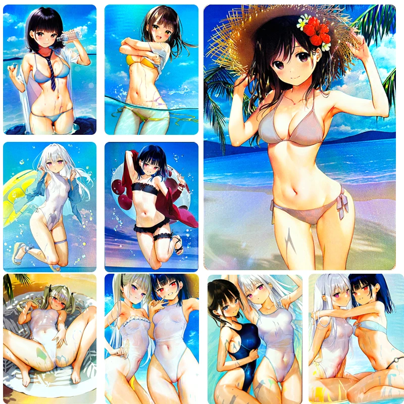 9Pcs/set Beach Swimsuit Girl Anime Characters Loli Beauty DIY Homemade Flash Card Christmas Birthday Gift Toys Collection Card