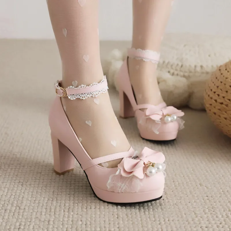 Sweet Lolita-Talons à Plateforme pour Bol, Chaussures de Princesse, Nministériels d Noir, Rose, Bleu, Perles, Sangle de Suspension, Escarpins,