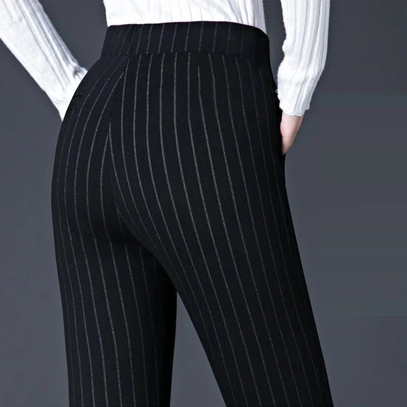 Women Clothes Autumn Winter Korean Fashion Striped Plush Elegant Pants Female High Waist Slim Trousers Casual Pockets Pantalones