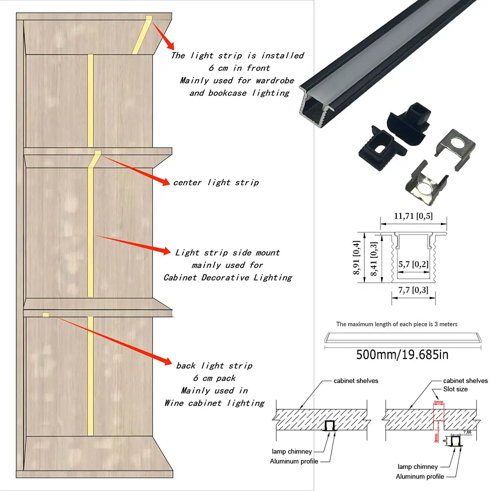 8*9mm 2pcs 0.5m Distinctive LED Aluminum Profile Strip Light for Embedded Installation in Cabinets and Wardrobes