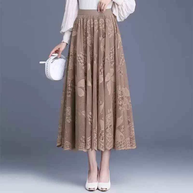 Women's Elegant Beige Lace Maxi Skirt High Waist Flowy Ruffled Hem A-line Long Skirt Casual Party Daily Wear