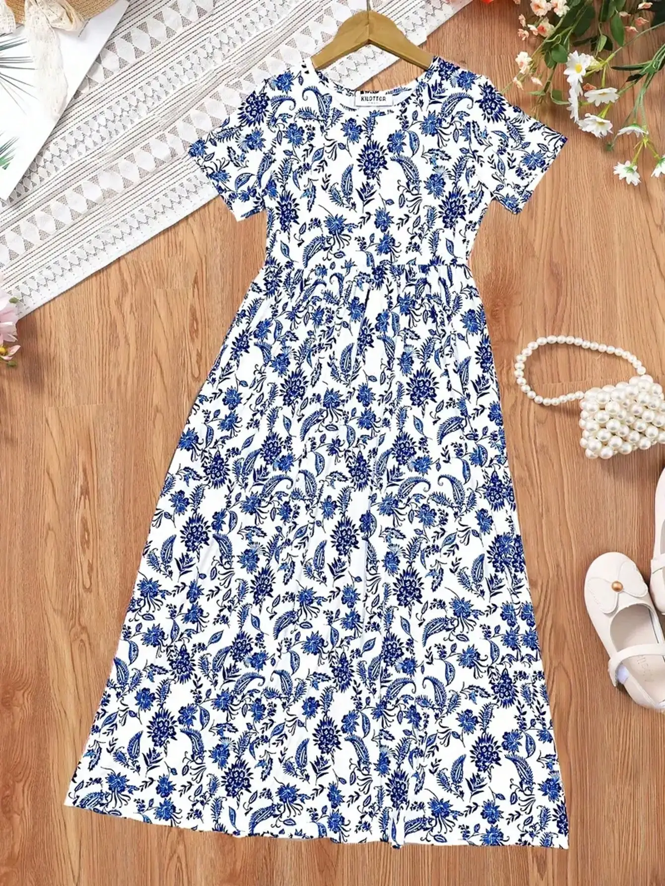 Mädchenkleid im Bohemian-Stil mit Paisley-Muster, Kurzarm, Mittellang, Lässiges Sommerkleid, Urlaubsgeschenk 2026 – Detail 3