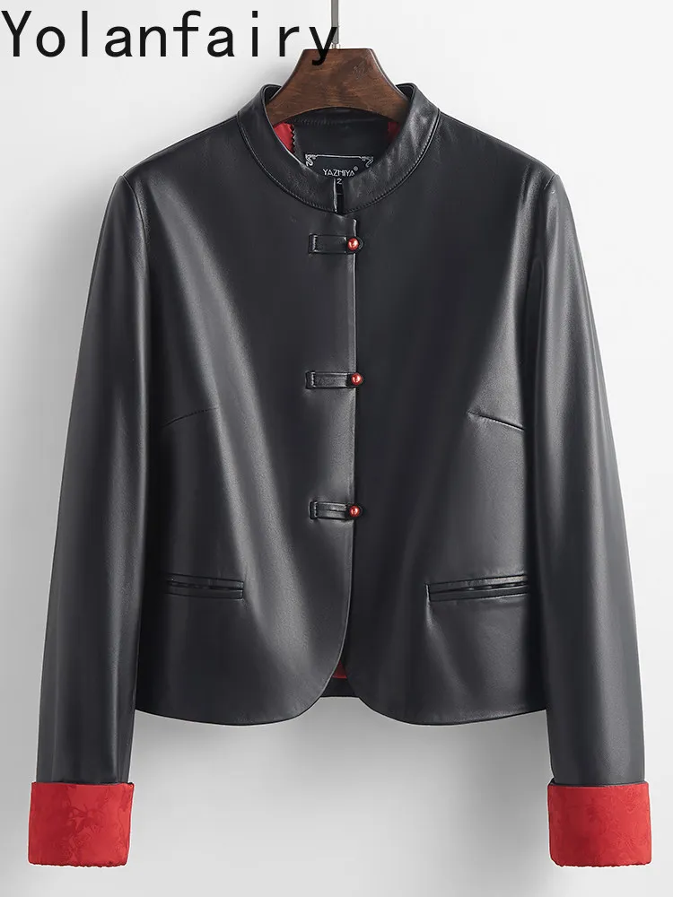 YOLANFAIRY Women 2026 Top Layer Genuine Sheepskin Leather Jacket Short New Chinese Style High-end Real Leather Coat Outerwear