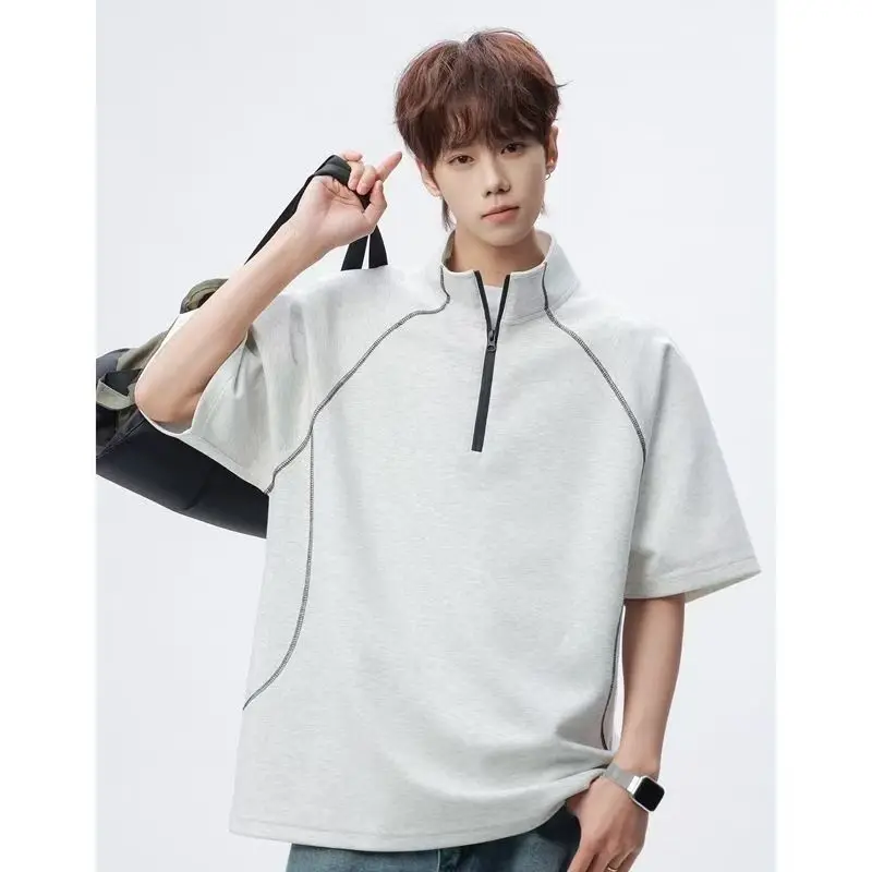 New Summer Quick Dry Half Zip Stand Collar Tee Couple Loose Short Sleeve Top American Streetwear Breathable Gym Sports T-shirt