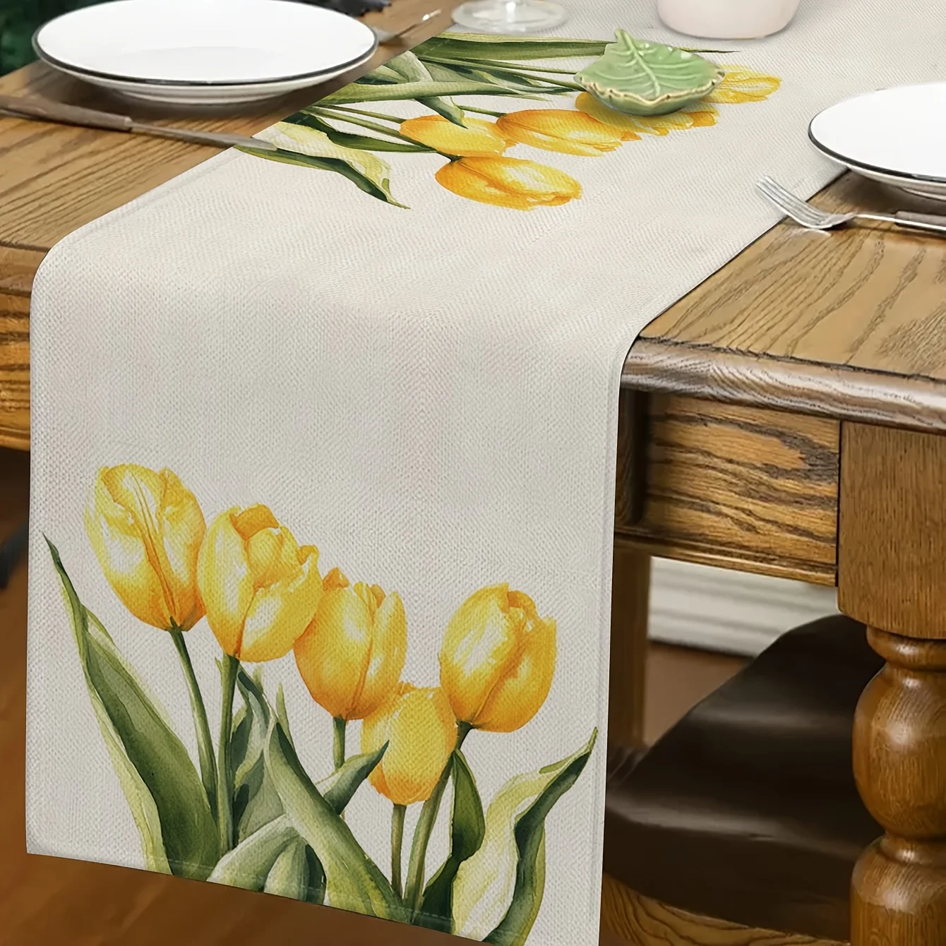1pc Spring & Summer Tulip Table Runner - 100% Polyester, Rectangular Floral Design with Vibrant Yellow Tulips & Green Leaves