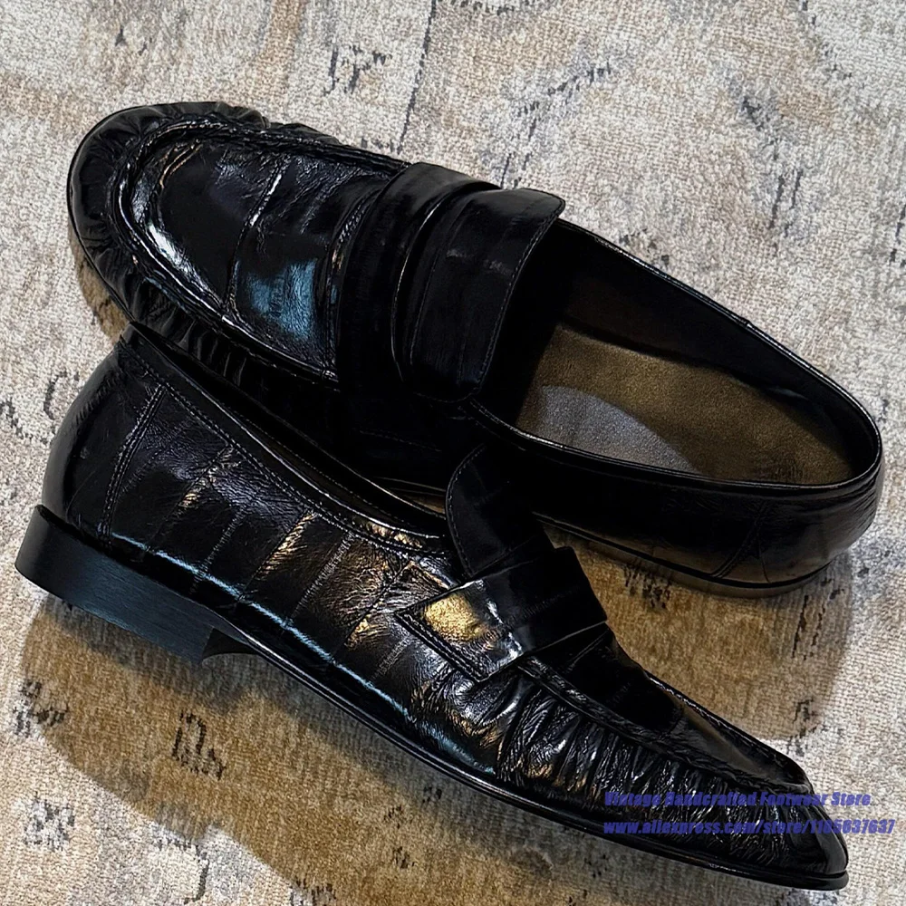 Men's Black Glossy Wrinkled Croc Embossed Loafers Slip-On Thick-Soled Formal Casual Dress Shoes Vintage Handcrafted Men's Shoes