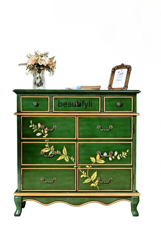 American rural painted shoe cabinet solid wood living room with drawers locker retro green porch small apartment side cabinet