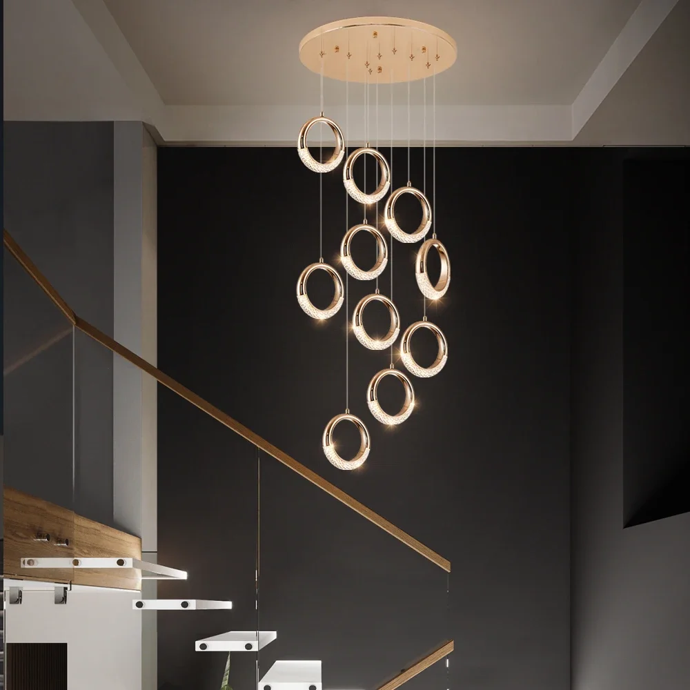 

Ring Design Led Chandelier For Staircase Modern Living Room Decor Lamp Long Hang Light Fixture Large Home Decor Cristal Lustre