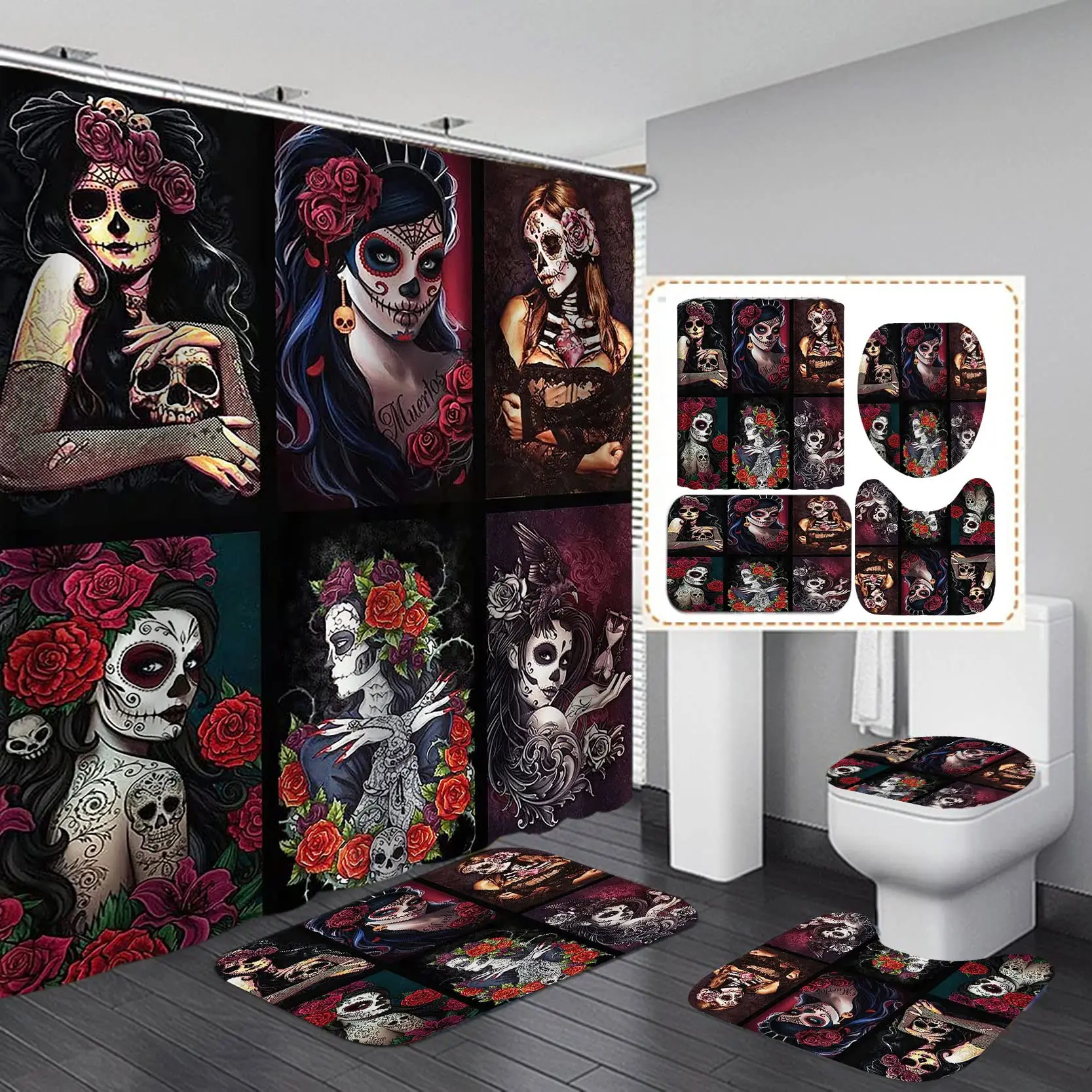 Beauty & Sugar Skull Shower Curtain Set Gothic Red Rose Spider Web Tattoo Day of The Dead Halloween Scary Skeleton Bathroom Set