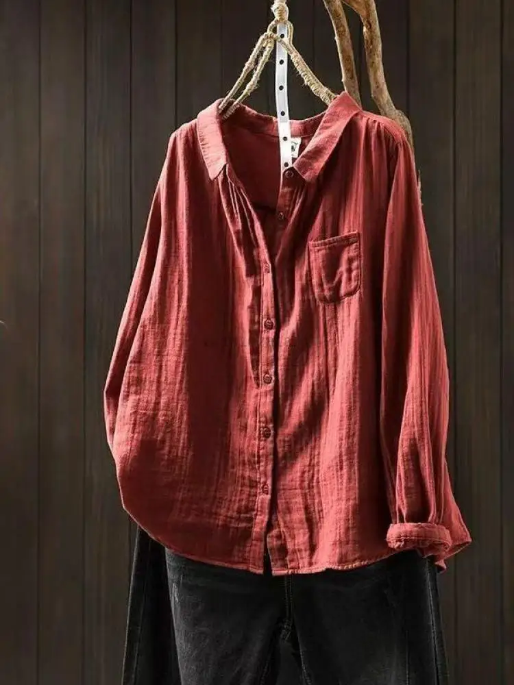 

Женская повседневная рубашка с длинным рукавом, Новое поступление, весна 2025 года, свободные женские базовые топы из 100% хлопка с отложным воротником