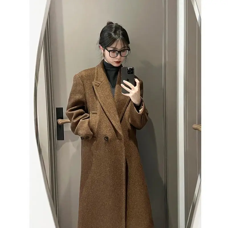 

Herringbone pattern Korean version woolen coat for women's autumn and winter new loose and versatile mid length woolen coat