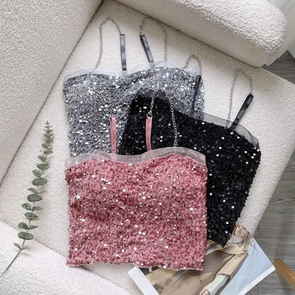 Top corto de moda, chaleco de lentejuelas brillantes, camisa de fondo dulce ostentosa, camisola ajustada sin mangas para fiesta, estilo picante para niña
