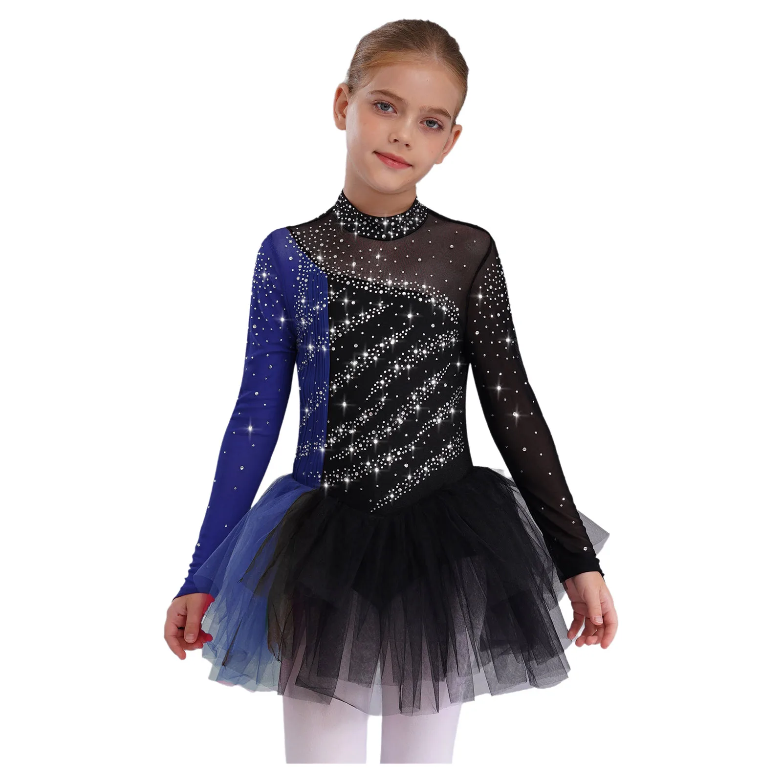 Meninas patinação artística vestido de dança ballet ginástica collant vestido mangas compridas strass malha tule vestido trajes desempenho