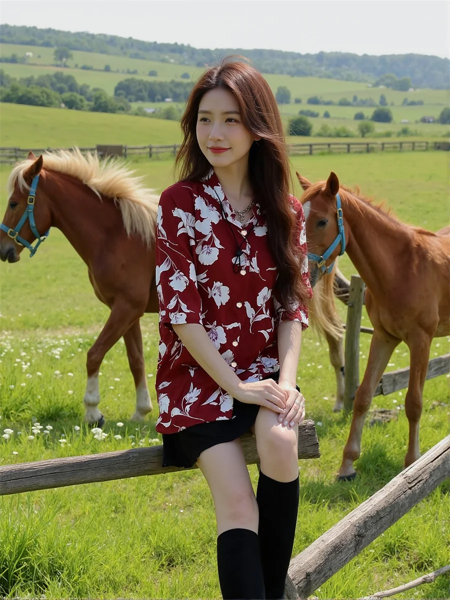 Eleganckie bluzki damskie z czerwonym kwiatowym nadrukiem, krótki rękaw, gładkie, koreańskie, oversize, białe, bawełniane, w paski, duży rozmiar, kobiece, jesienne.