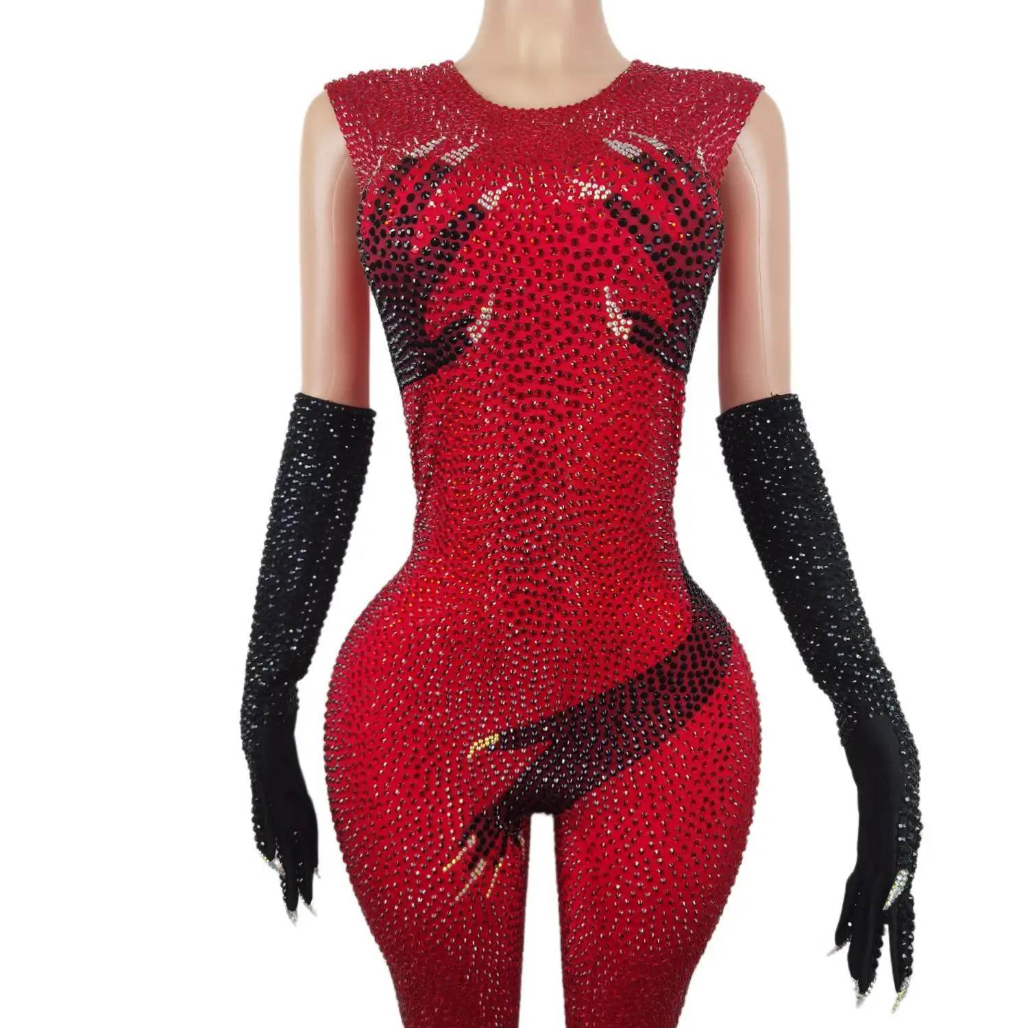 Sparkly Red Rhinestone Jumpsuit Black Hand Gloves Women Celebrate Tights Performance Costume Singer Show Stage Wear 2024 Heishou