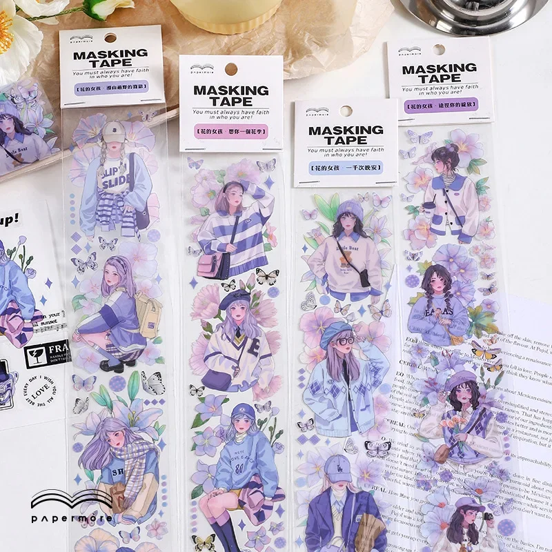 1 Sheet/pack PET Strip Tape Flower and Morden Girl Series Hand Account DIY Material Decorative Purple Stickers