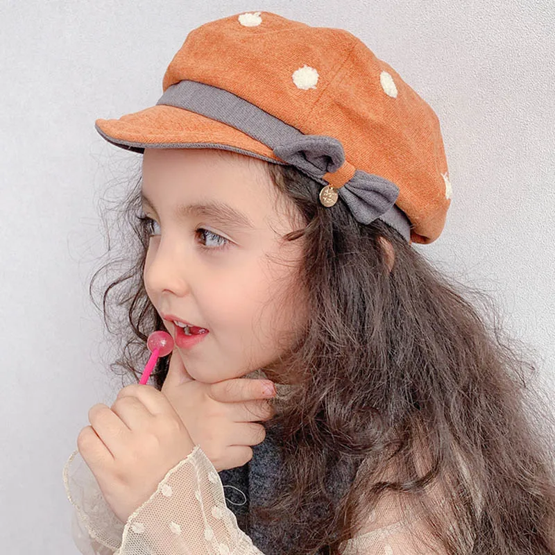 Children Dot Pattern Casual Beret Classic Retro Style Baby Fashion Cap Toddler Autumn Winter Cute Bowknot Berets Kids Girls Hats