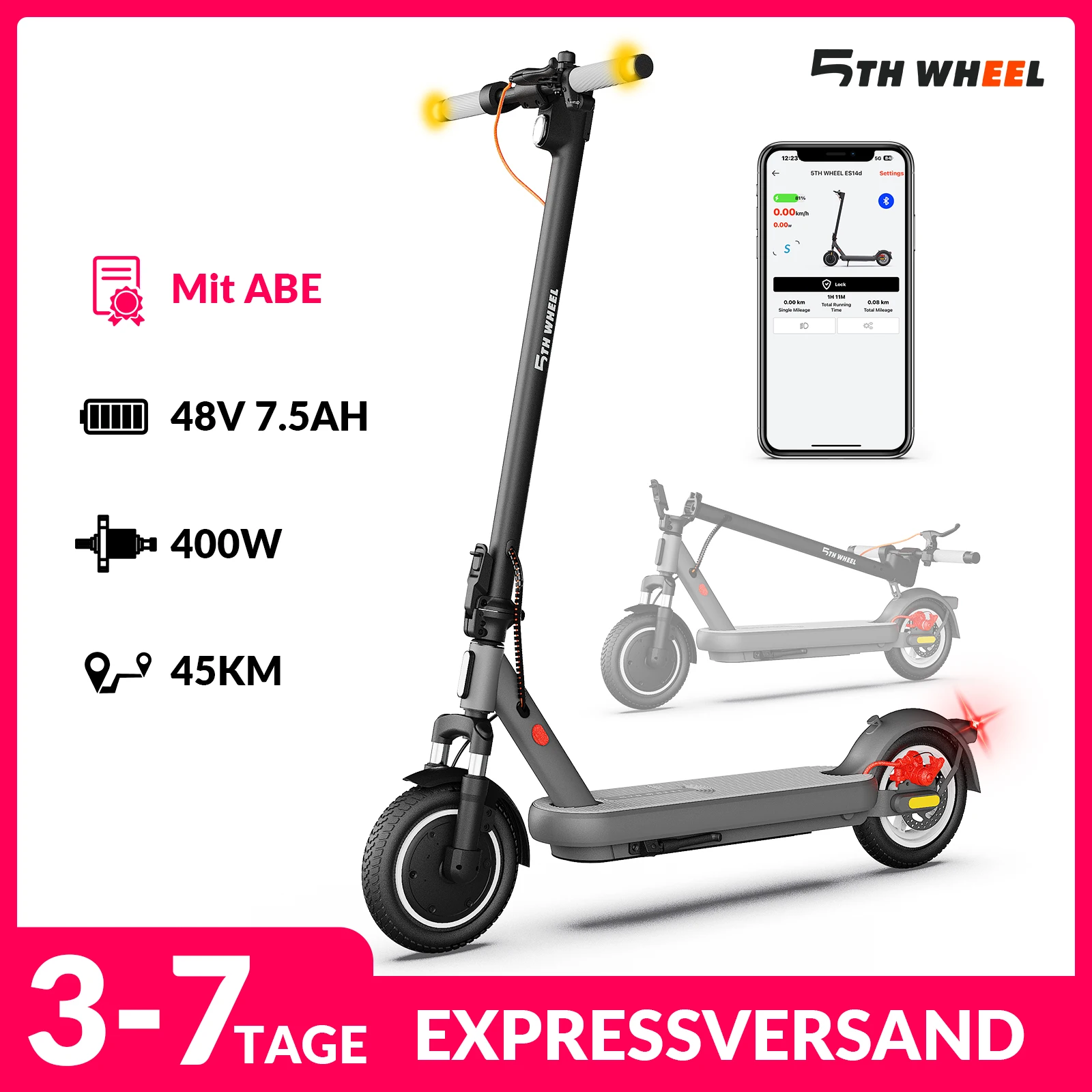Trottinette électrique 5TH WHEEL 48V 7.5AH avec homologation ABE allemande, moteur 400W, autonomie de 40 km pour adultes, charge maximale de 120 kg