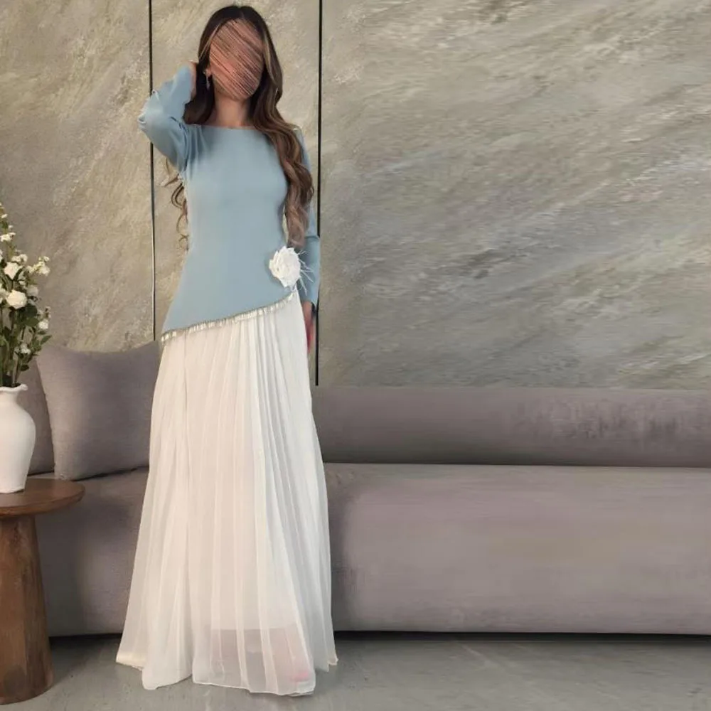 

Элегантное контрастное вечернее платье для выпускного вечера по индивидуальному заказу, плиссированные повседневные платья с круглым вырезом и длинными рукавами, белый шифоновый наряд трапециевидной формы с цветком