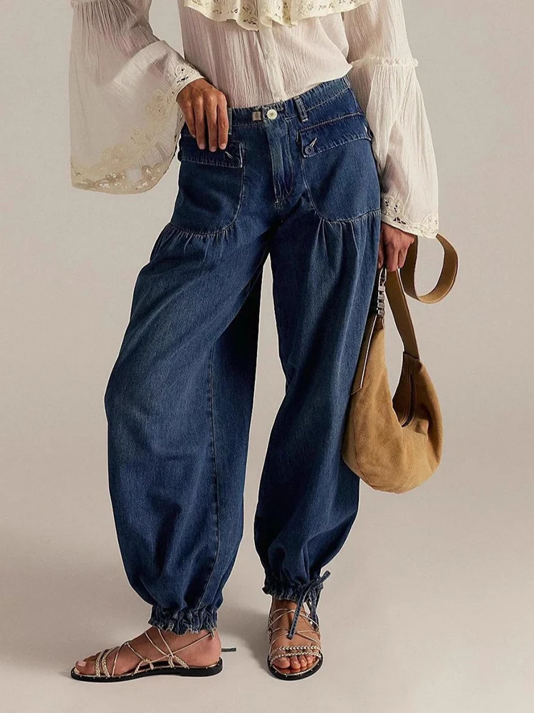 

Y2K Mid Waist Jeans Women Baggy Tapered Cuff American European Retro Loose Casual