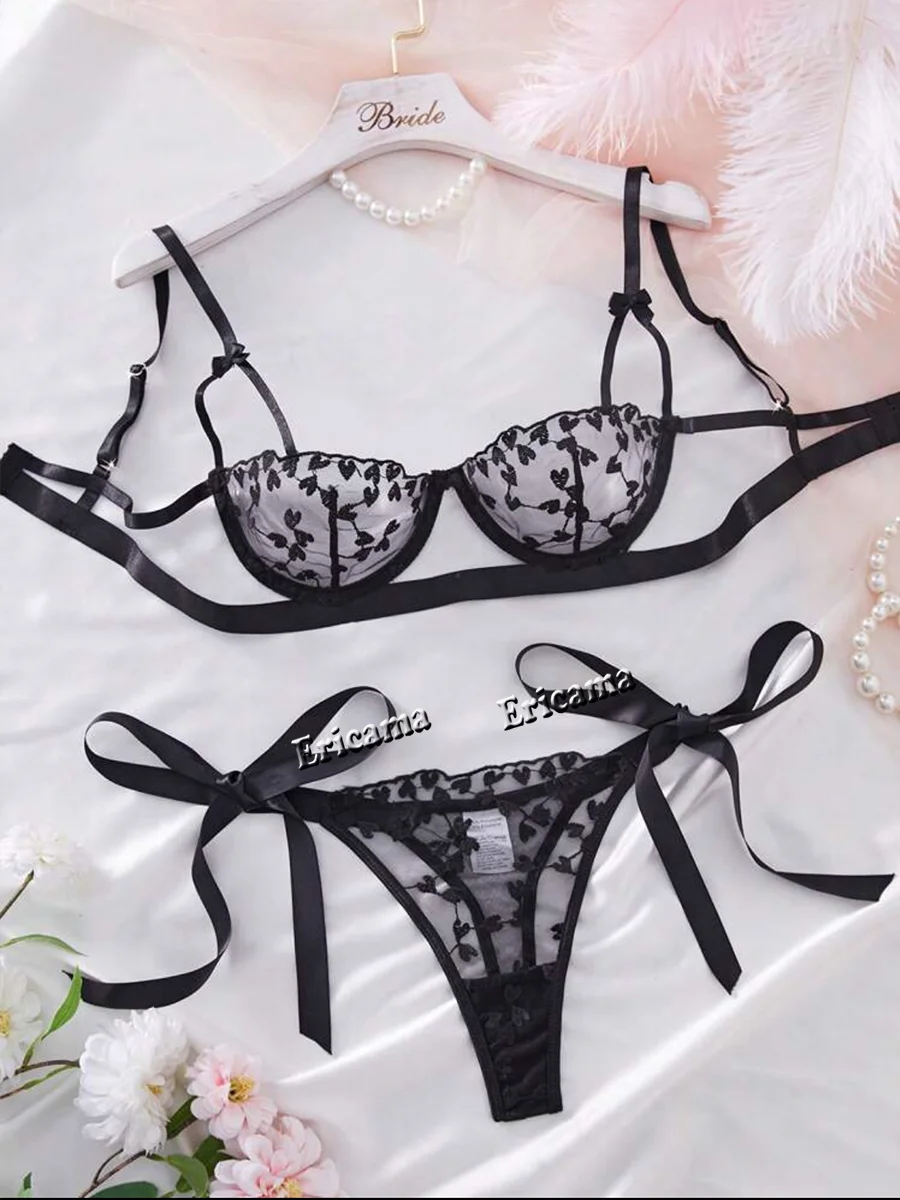 Sexy Lingerie Woman Lace Transparent Underwear Fairy Embroidery Brief Sets Delicate Bra Kit Push Up Breves Sets Thin Erotic Bras