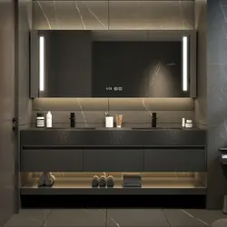 Armarios de baño modernos de color negro, lavabo sin costuras integrado de pizarra con cajones, tocador de baño con lavabo, muebles de baño