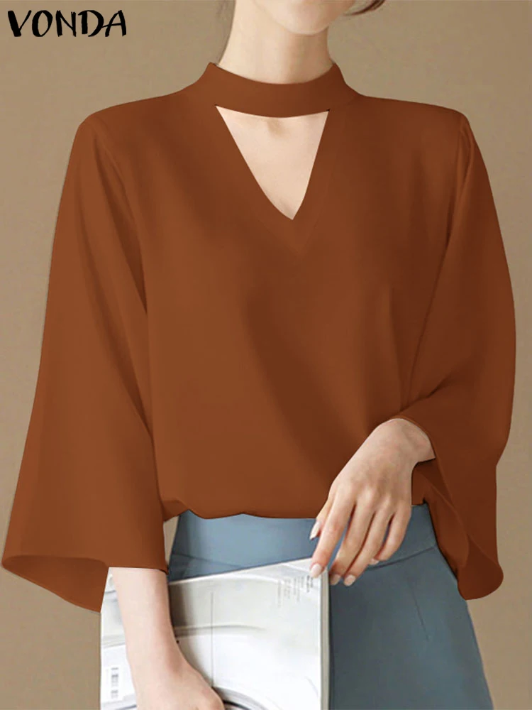 بلوزة فوندا مقاس كبير قمصان عمل نسائية أنيقة OL 2025 سترة مفرغة غير رسمية للسيدات برقبة على شكل V 3/4 كم بلون سادة Blusa
