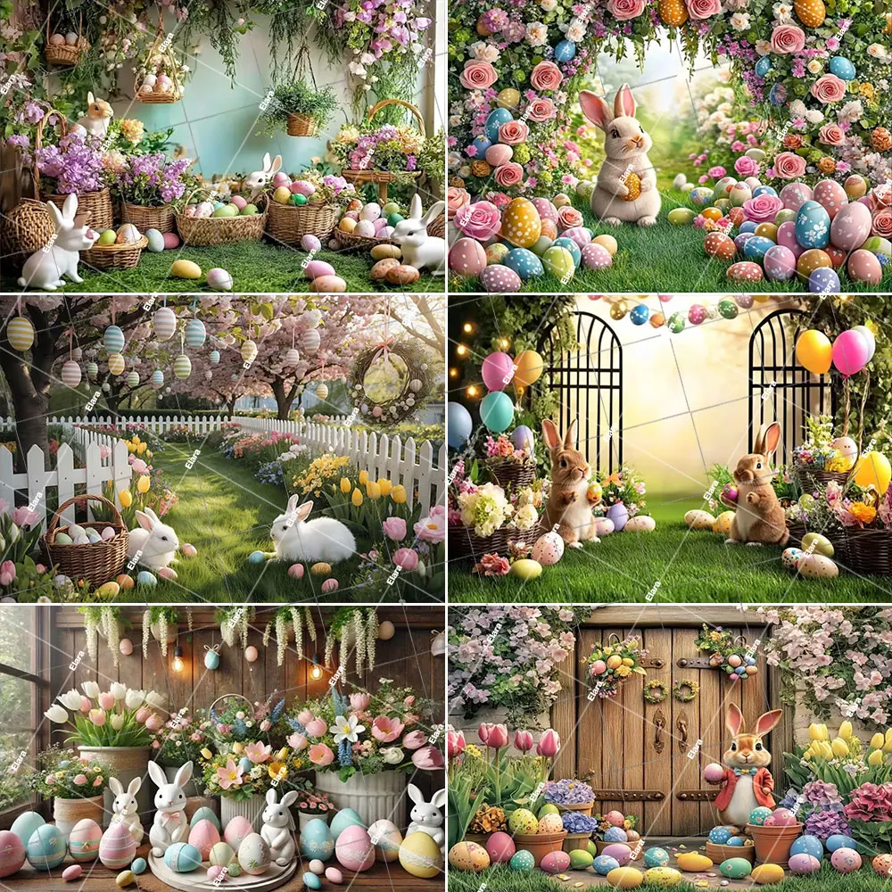

Easter Party Decor Floral Spring Tree Easter Day Rabbit Bunny Eggs Photography Backdrop Baby Kids Portrait Photo Booth Props