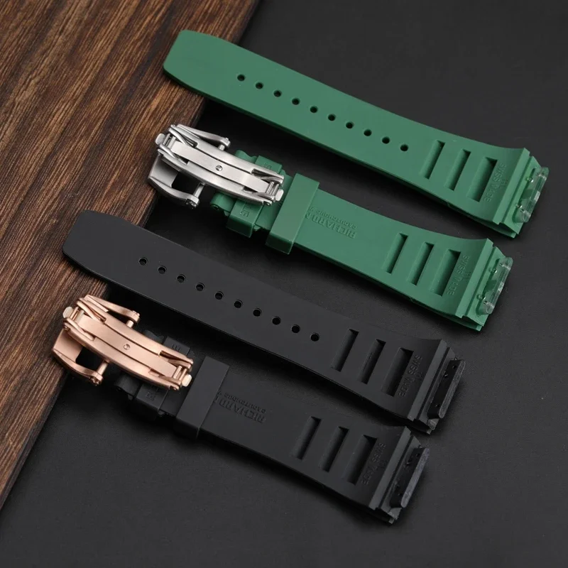 Solid Stainless Steel Fold Buckle Silicone Watch Strap Richard Mille for Men Multicolored 20x25mm Durable Soft Watchbands