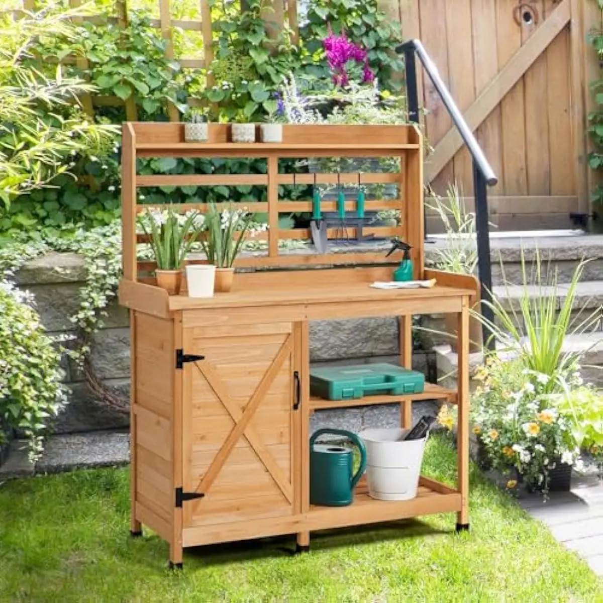 Outdoor Gardening Workstation in Solid Fir Wood Featuring Elevated 3-Edge Tabletop 44.5 x 17 Inches Spacious Dual-Tier Enclosed