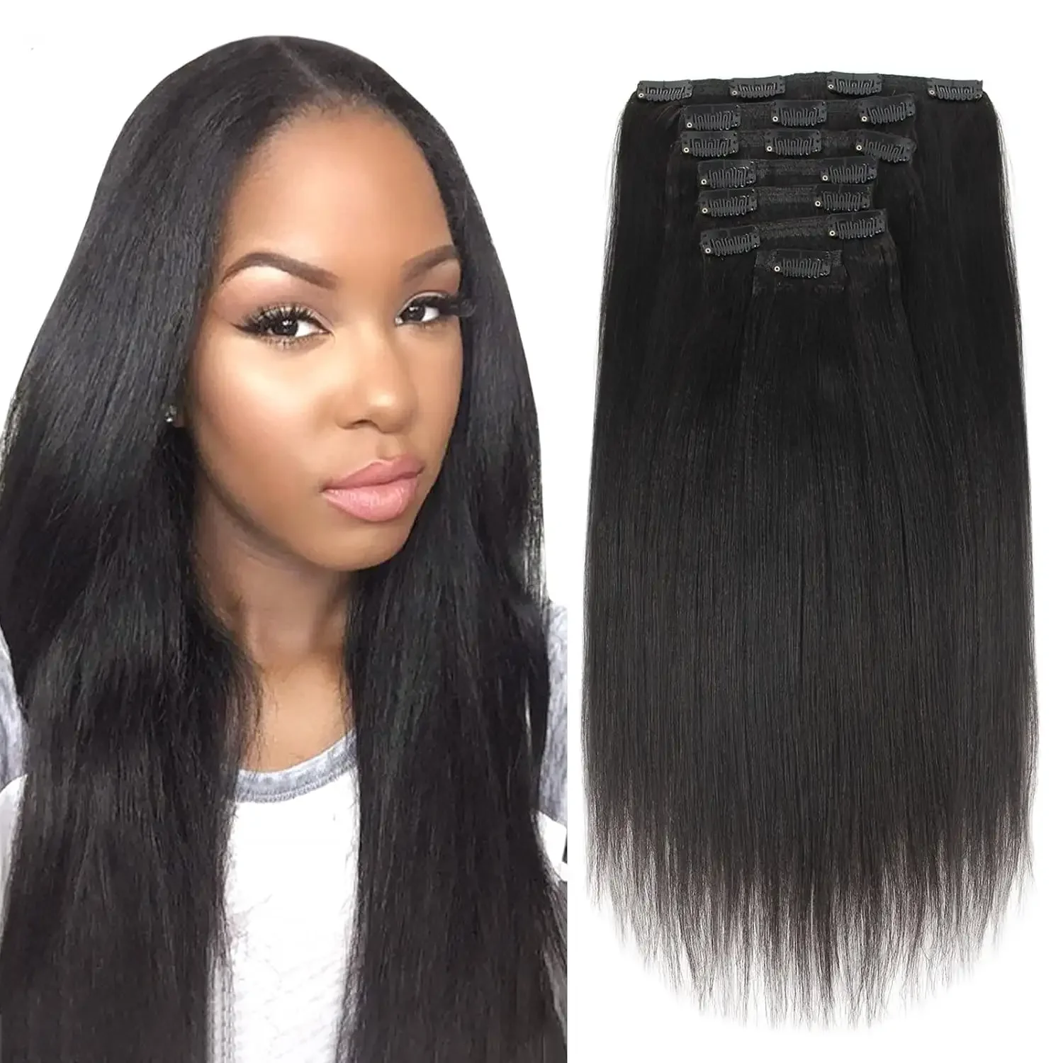 Maxhair-Extensão de cabelo reto com clipe para mulheres, cabelo humano, cabeça cheia, brasileiro, cor 1B, 100g por conjunto