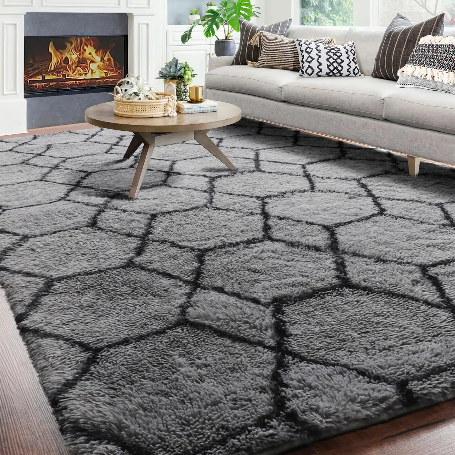 ONASAR 6x9 Area Rugs for Living Room Bedroom, Washable Large Fluffy Grey and Black Throw Rug, Geometric Soft Plush Shaggy Fuzzy