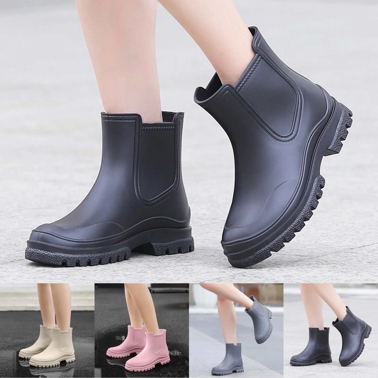 Women's Rain Boots Comfortable Elastic Adult Ankle Booties Fashion Mid Heel Boots Non Slip Chunky Womens Short Boots Size 9