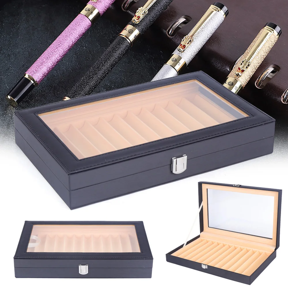 

12-Slot Black Leather Pen Box, PU & Flannel Lining—Square Buckle Lock, Visible Lid, Ready-to-Use for Pen Collectors